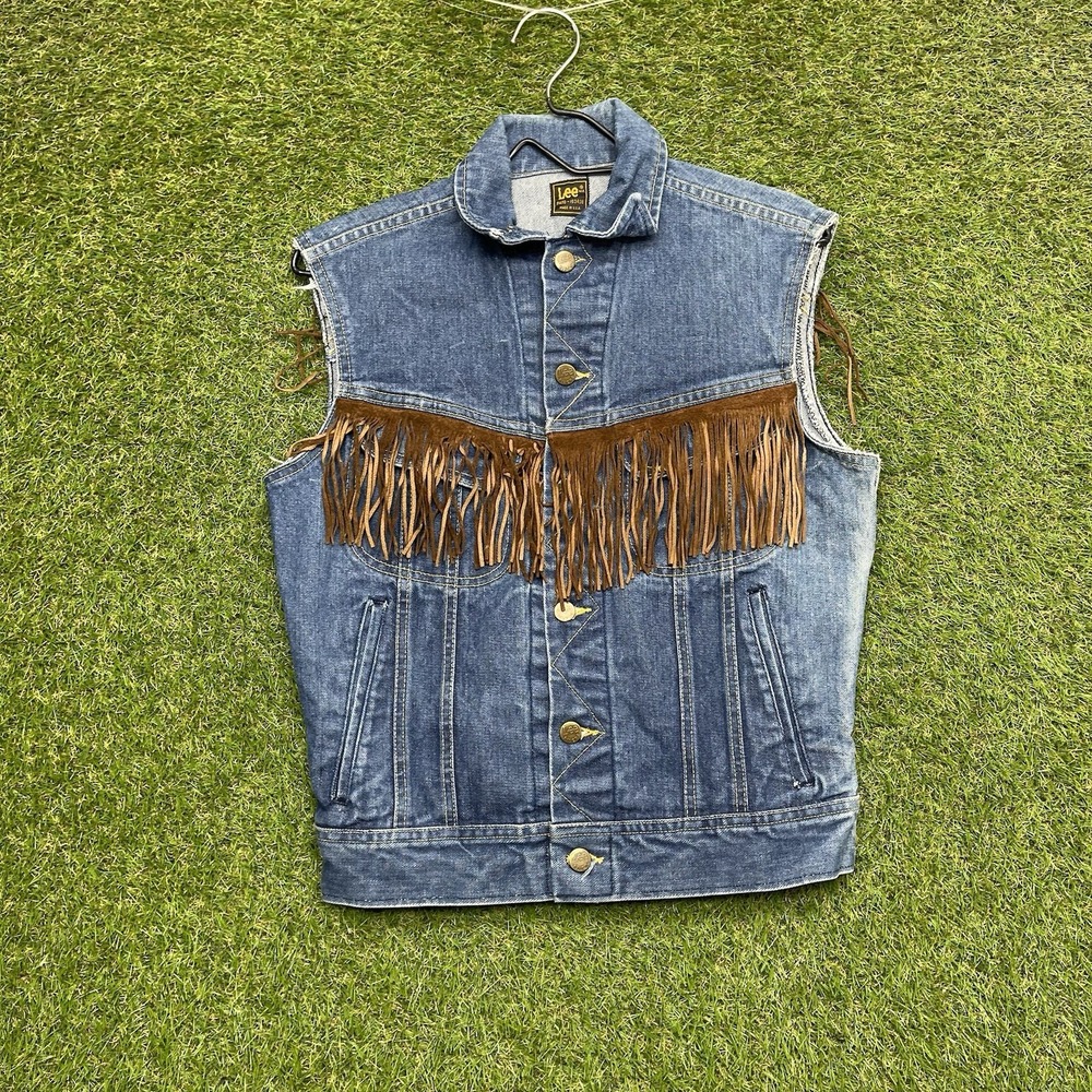 Vintage Lee USA Denim Vest Medium Southwestern Fringe Thunderbird Western 80s